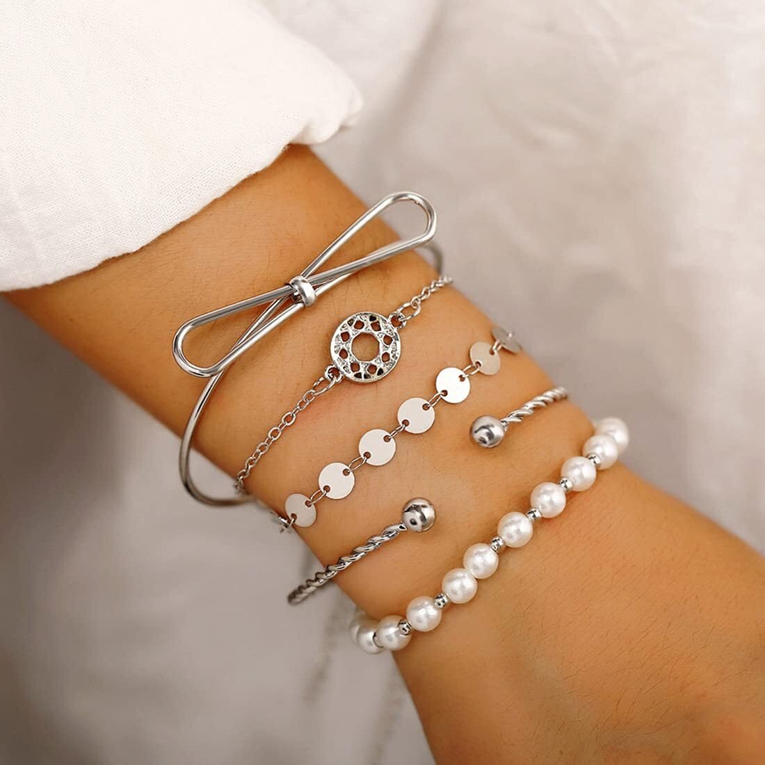 Jewels Galaxy Set of 5 Silver Plated Boho Bracelets (CT-BNS-49082) For Womens
