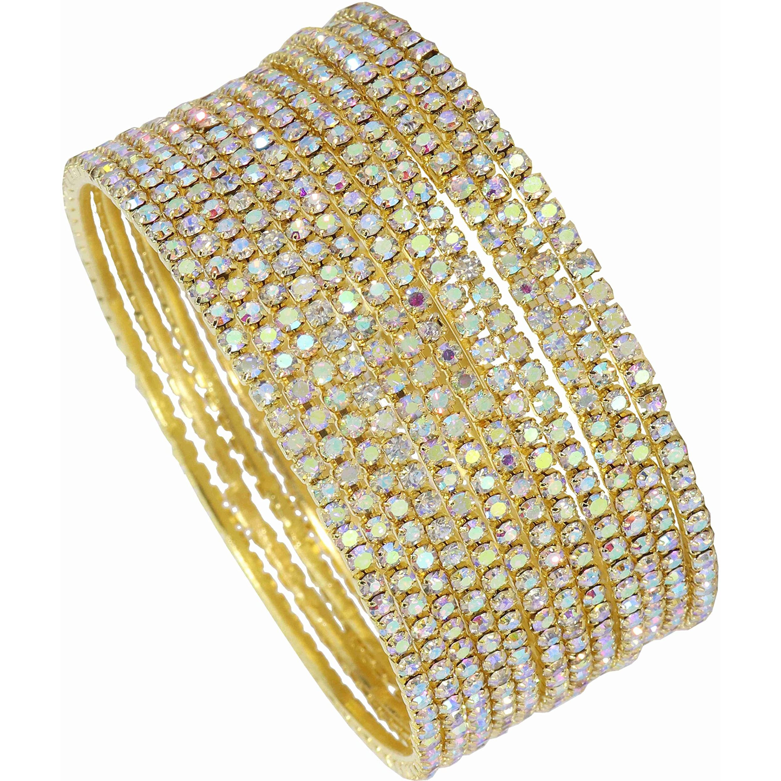 ZULKA Non-Precious Metal with Base Metal and Zircon Gemstone Studded Premium and Traditional Glossy Finished Sleek Bangle set for Women and Girls, (Golden-Rainbow_2.4 Inches), Pack Of 12 Bangles