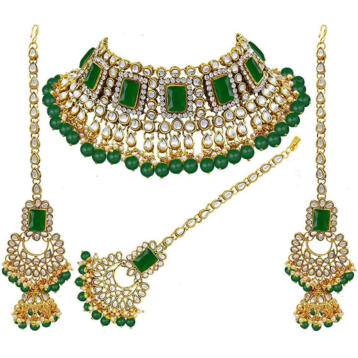 I Jewels 18K Gold Plated Traditional Handcrafted Faux Kundan & Pearl Studded Bridal Choker Necklace Jewellery Set with Earrings & Maang Tikka (IJ401G) For Womens