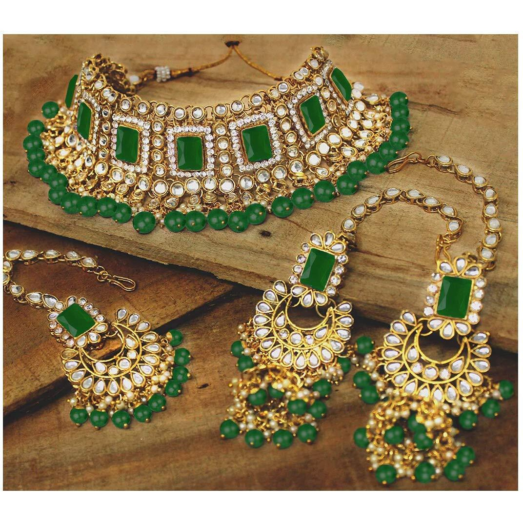 I Jewels 18K Gold Plated Traditional Handcrafted Faux Kundan & Pearl Studded Bridal Choker Necklace Jewellery Set with Earrings & Maang Tikka (IJ401G) For Womens