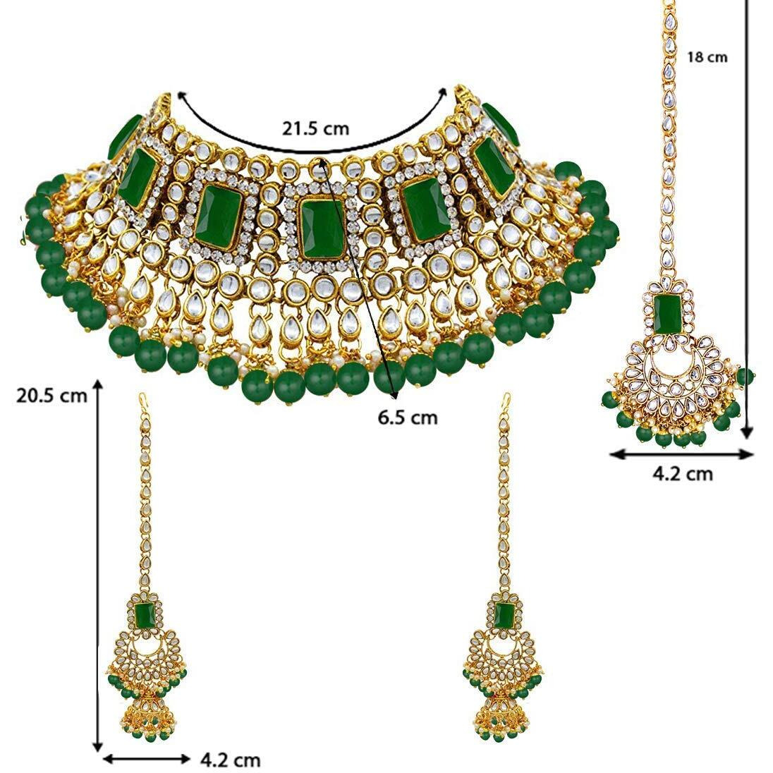 I Jewels 18K Gold Plated Traditional Handcrafted Faux Kundan & Pearl Studded Bridal Choker Necklace Jewellery Set with Earrings & Maang Tikka (IJ401G) For Womens