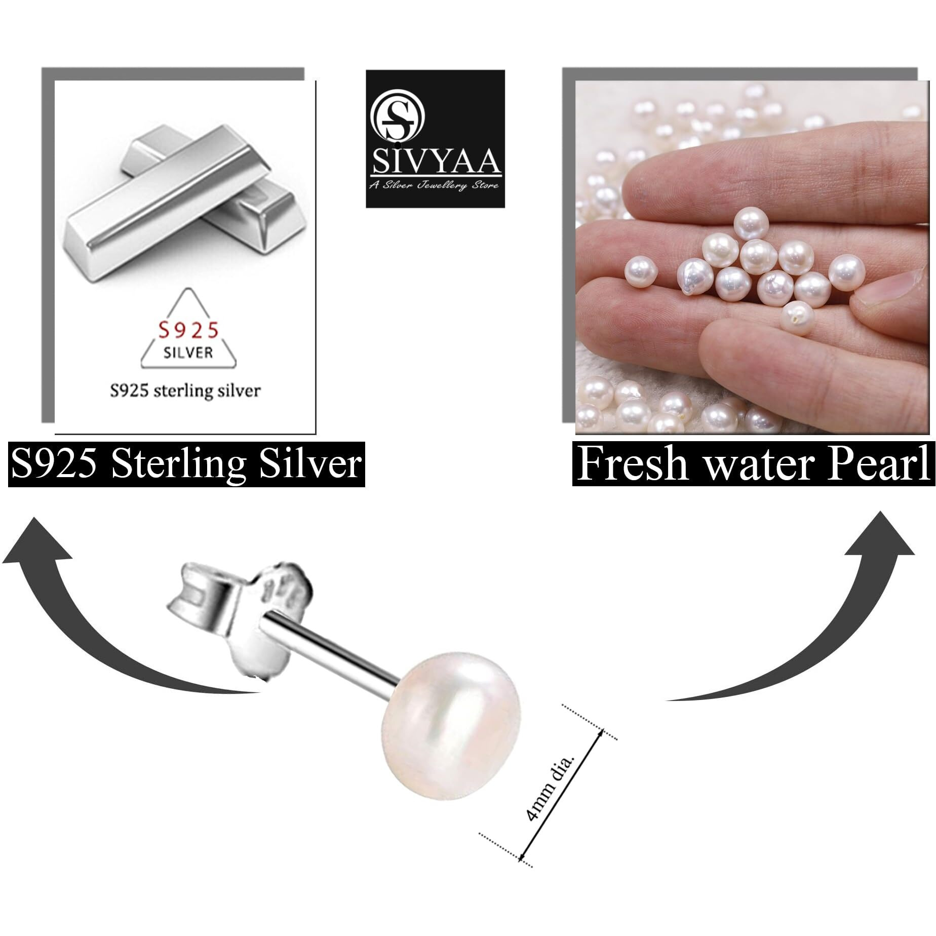 SIVYAA Fresh Water Pearl Earrings Set | Pure 925 Sterling Silver | High Lustre White Button Shape Real Pearl Studs| Gift Item for Women & Girls | 6 Month Warranty, Size 4 mm
