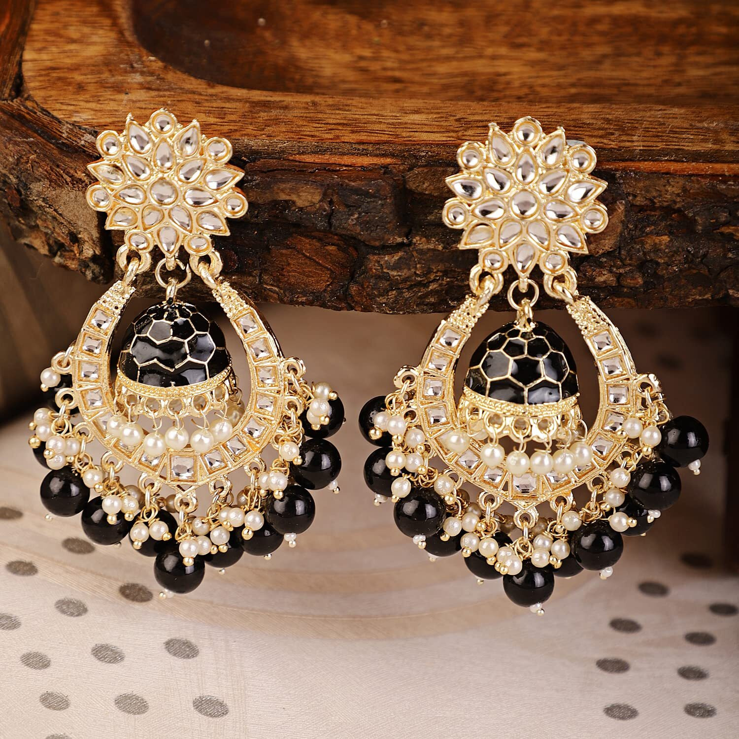 Shining Diva Fashion Latest Stylish Traditional Kundan Earrings for Women and Girls (13597er)(Black)