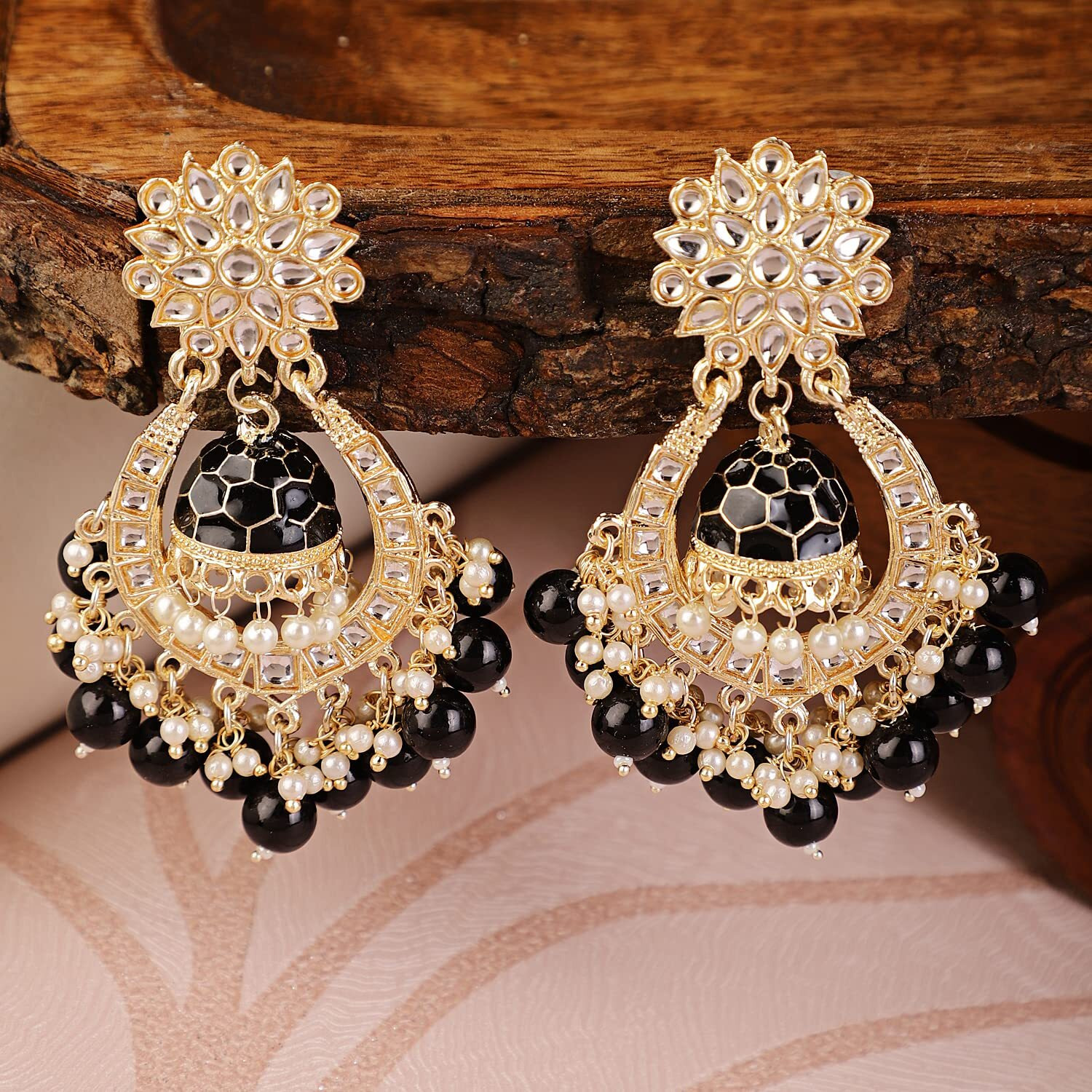 Shining Diva Fashion Latest Stylish Traditional Kundan Earrings for Women and Girls (13597er)(Black)