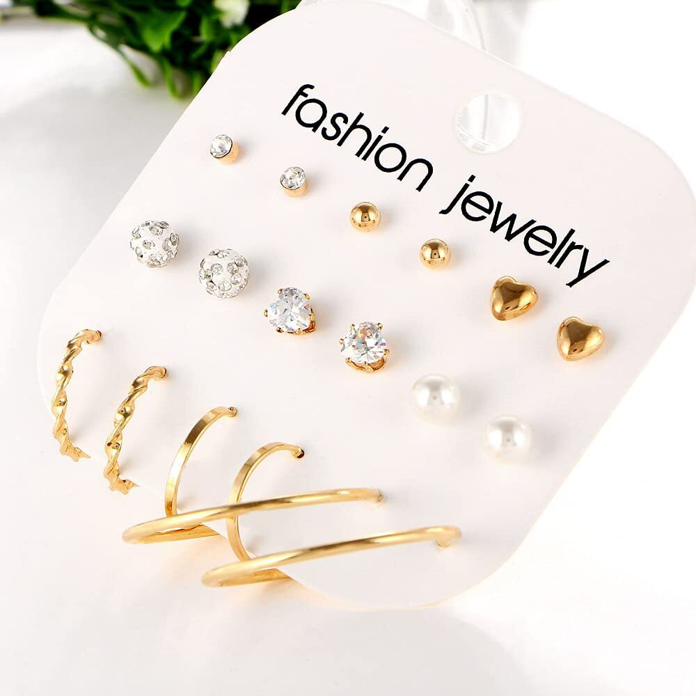 Shining Diva Fashion Latest Stylish Combo Design 9 Pairs Metal Earrings for Women and Girls (12733er), Golden, 1