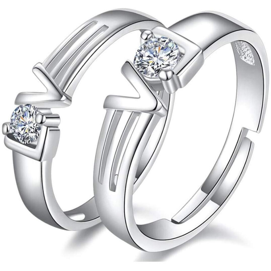 Karatcart Silver Crystal Platinum Plated Elegant Couple Adjustable Ring for Men and Women