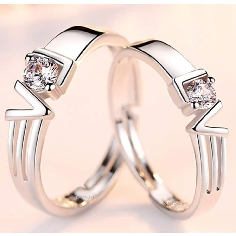 Karatcart Silver Crystal Platinum Plated Elegant Couple Adjustable Ring for Men and Women