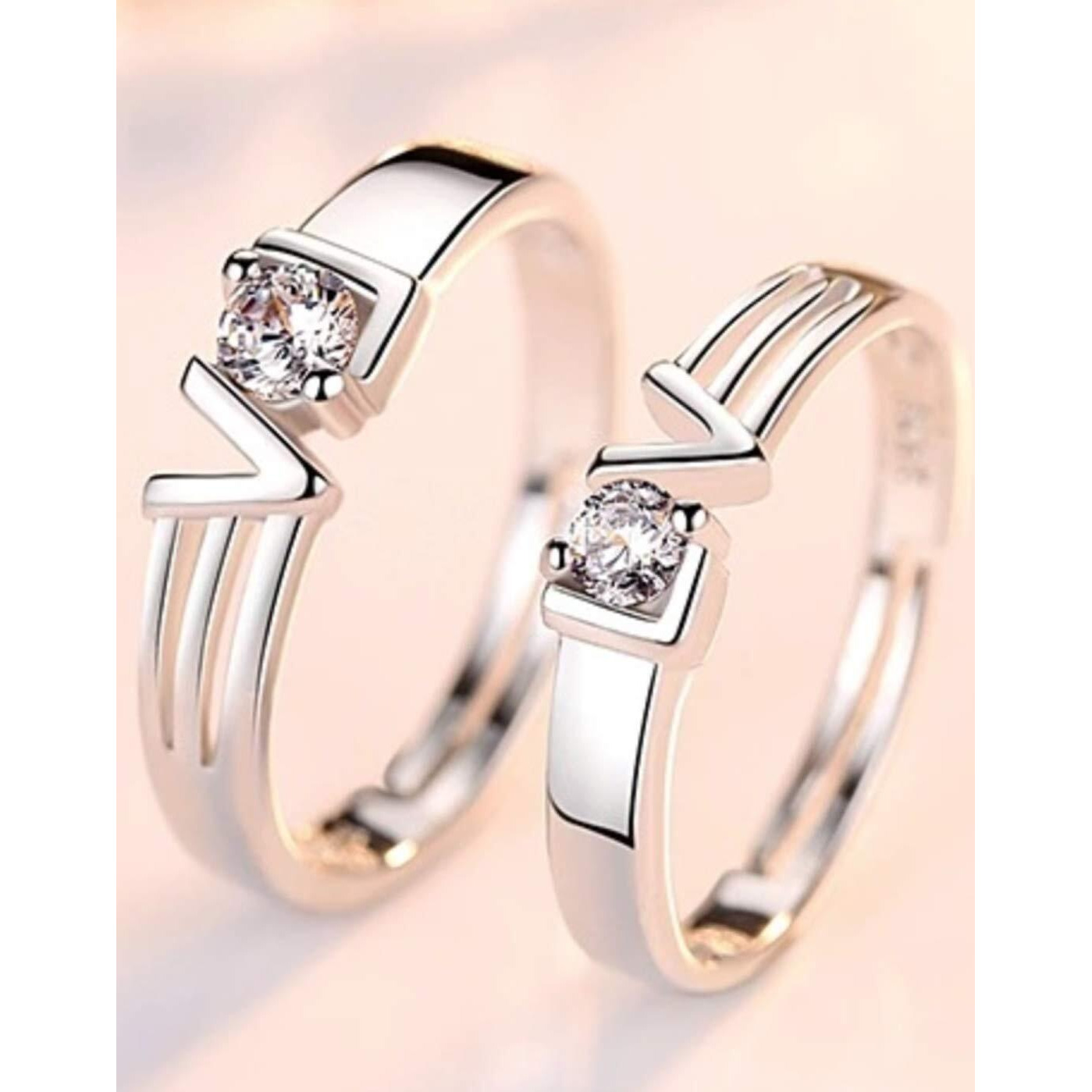Karatcart Silver Crystal Platinum Plated Elegant Couple Adjustable Ring for Men and Women