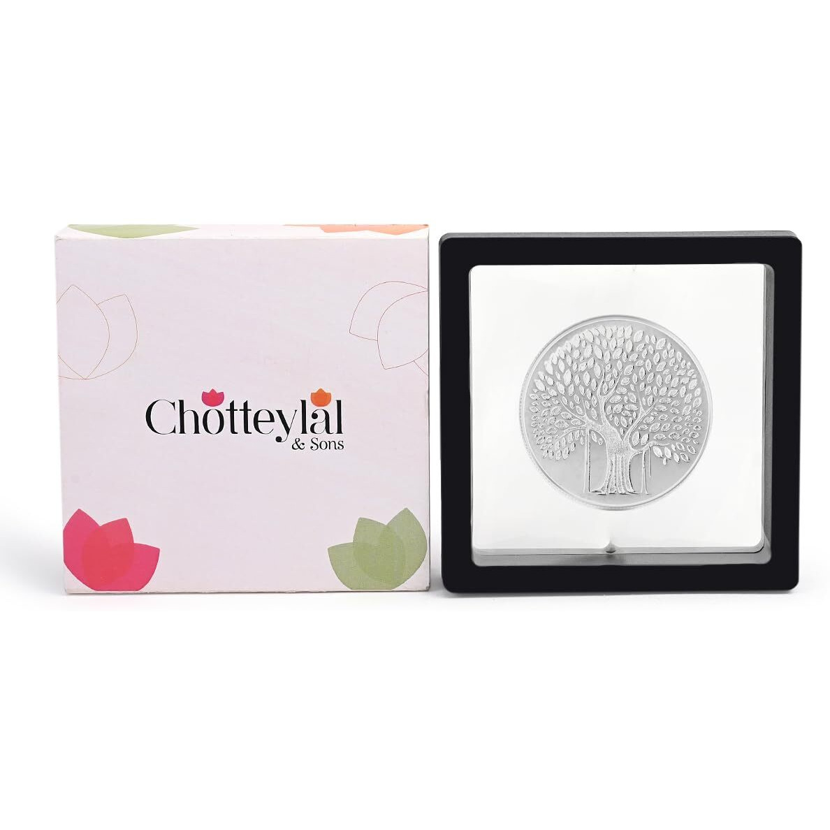 CHOTTEY LAL AND SONS 999 Purity Banyan Tree Round Silver Coin with Unique Box Packaging for Coporate Gifting, Ceremony, Wedding and Festivals (Silver, 5 Gram)