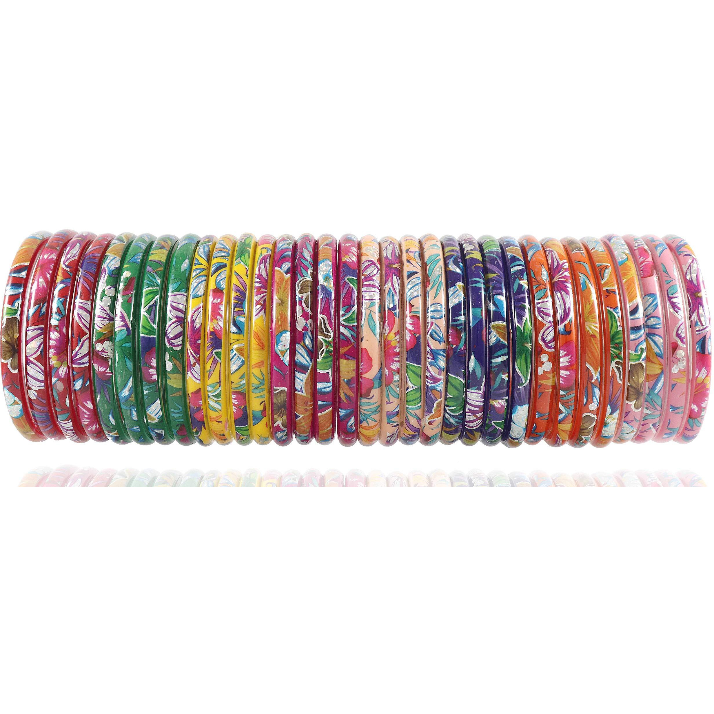 ZULKA Glass with Flower and Leaf Printed Glossy Finished Kada Set For Women and Girls, (Multicolour_Tulip_2.4 Inches), Pack Of 32 Kada Set