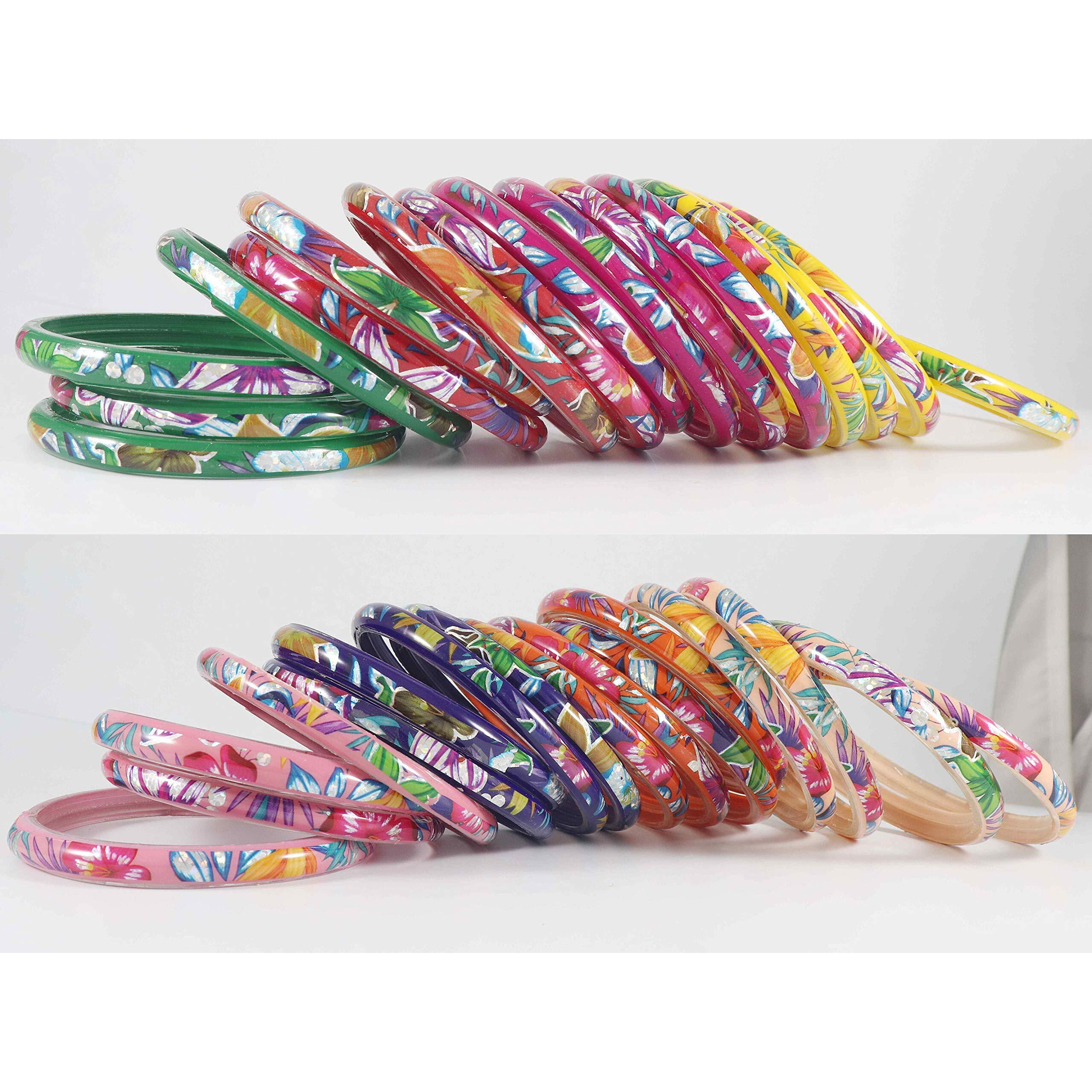 ZULKA Glass with Flower and Leaf Printed Glossy Finished Kada Set For Women and Girls, (Multicolour_Tulip_2.4 Inches), Pack Of 32 Kada Set