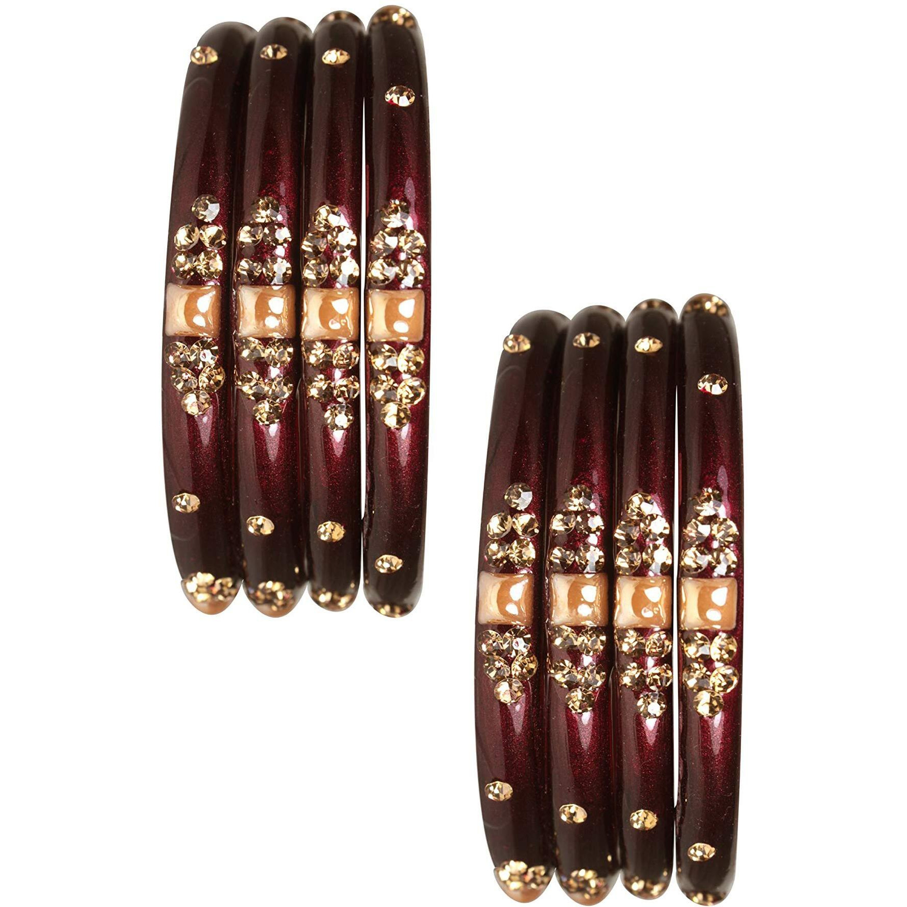 NMII Glass with Zircon Gemstone Or Beads Studded worked Glossy Finished Kada Set For Women and Girls, (Maroon_2.2 Inches), Pack Of 8 Kada Set