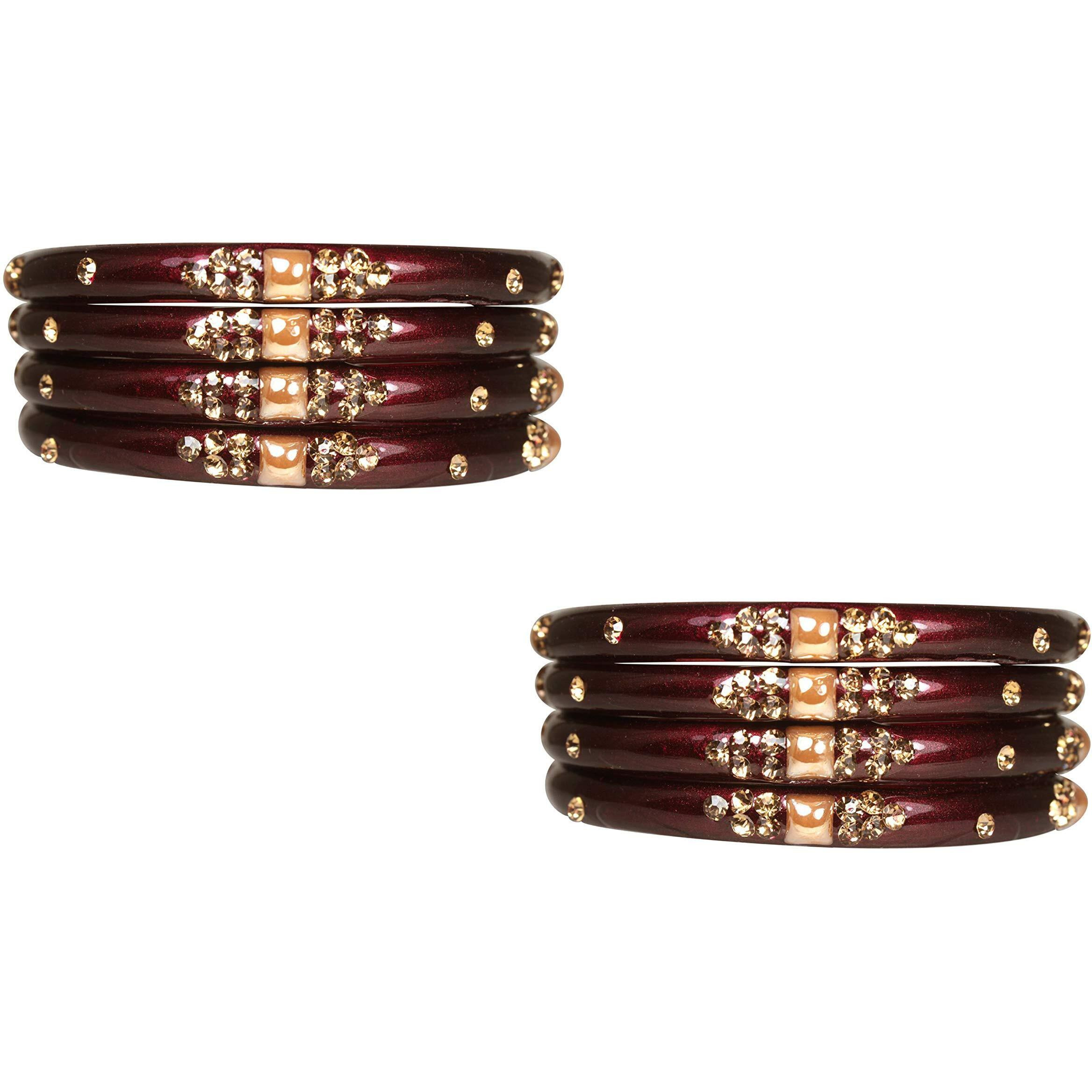 NMII Glass with Zircon Gemstone Or Beads Studded worked Glossy Finished Kada Set For Women and Girls, (Maroon_2.2 Inches), Pack Of 8 Kada Set