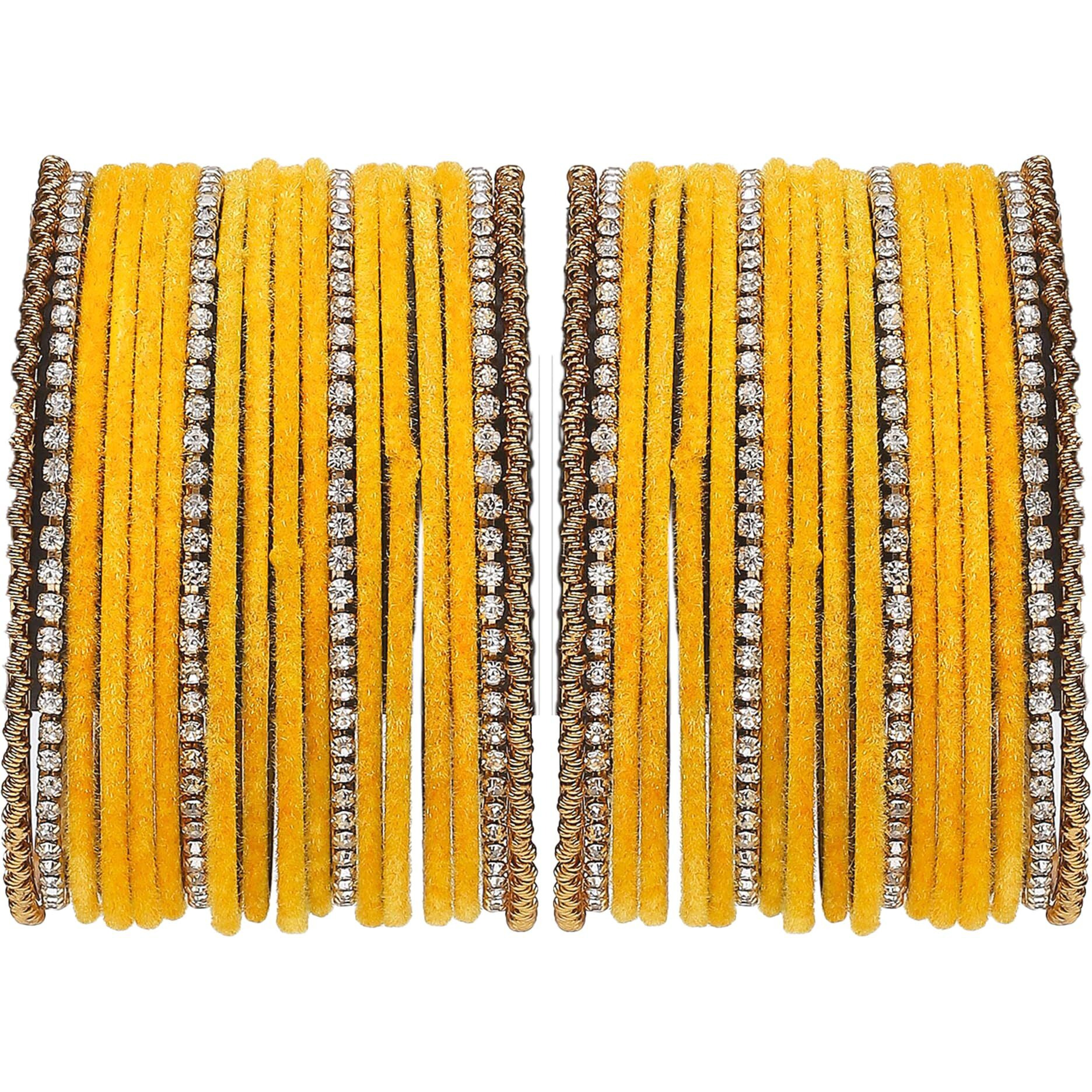 ZENEME Gold-Plated Matte Finish Velvet White American Diamonds Studded Bangles Set Of 36 For Girls and Women (2.6) (Yellow, 2.8)