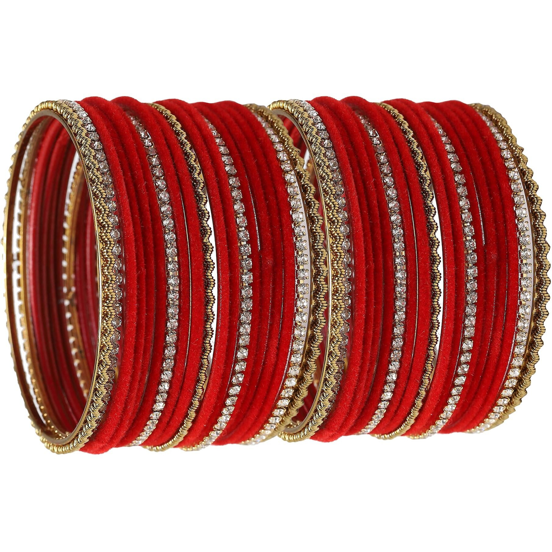 ZENEME Gold-Plated Matte Finish Velvet White American Diamonds Studded Bangles Set Of 36 For Girls and Women (2.6) (Red, 2.8)