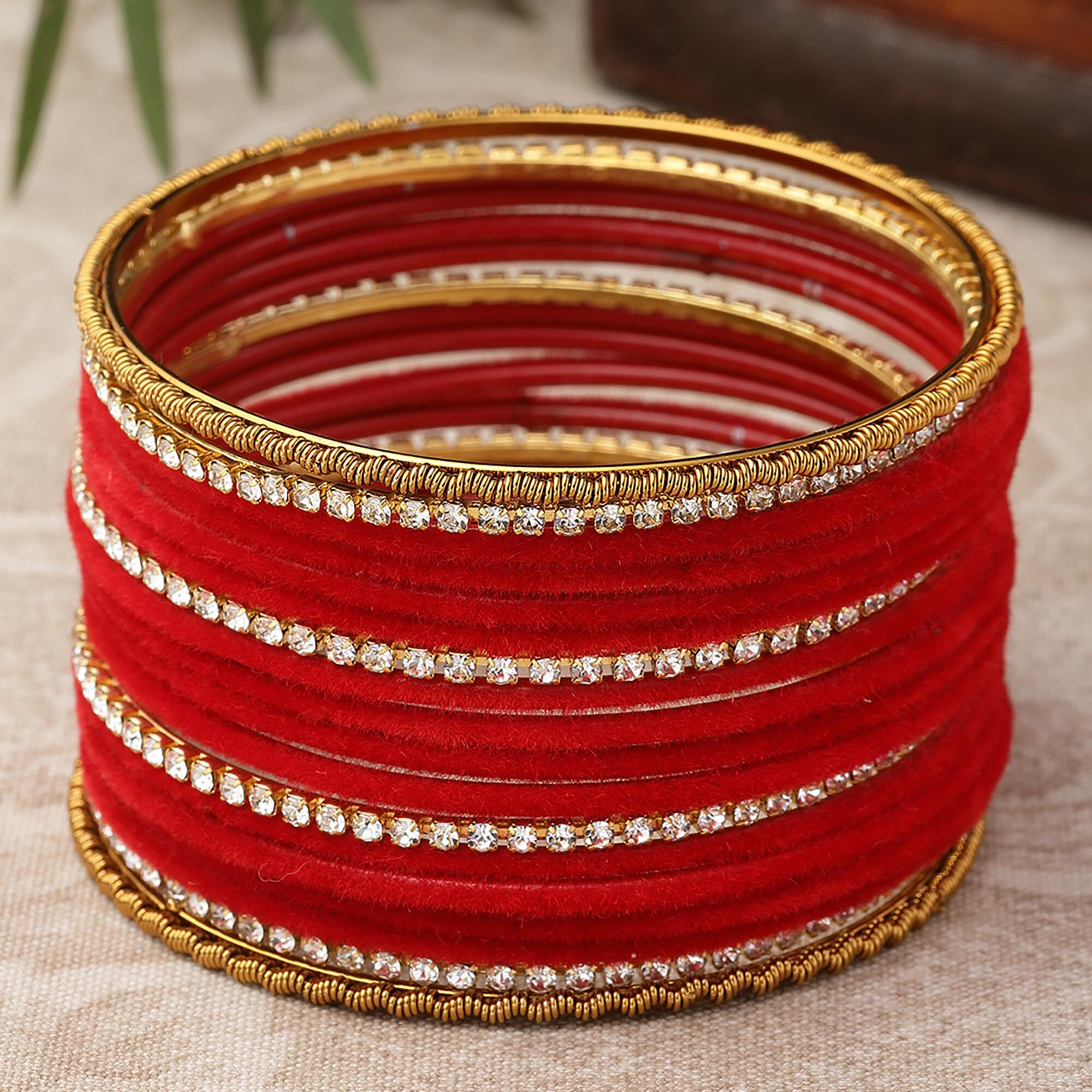ZENEME Gold-Plated Matte Finish Velvet White American Diamonds Studded Bangles Set Of 36 For Girls and Women (2.6) (Red, 2.8)