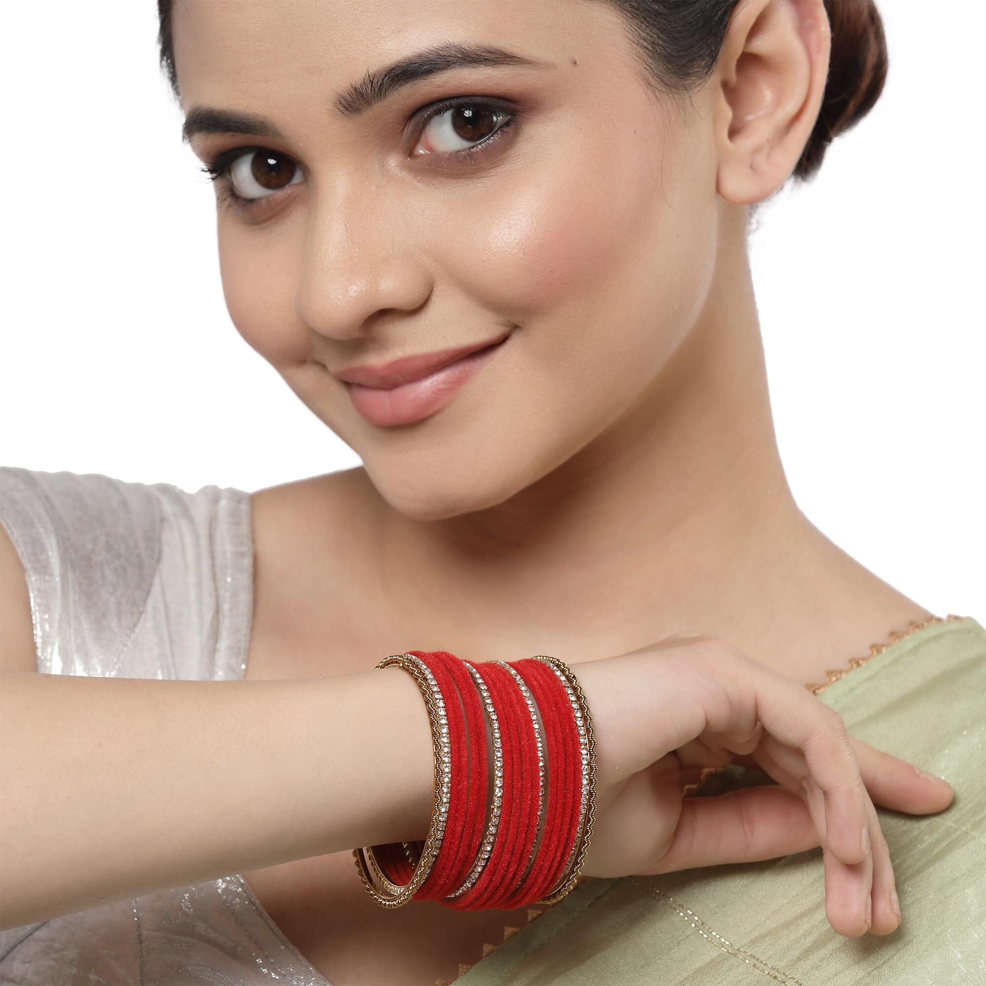 ZENEME Gold-Plated Matte Finish Velvet White American Diamonds Studded Bangles Set Of 36 For Girls and Women (2.6) (Red, 2.8)