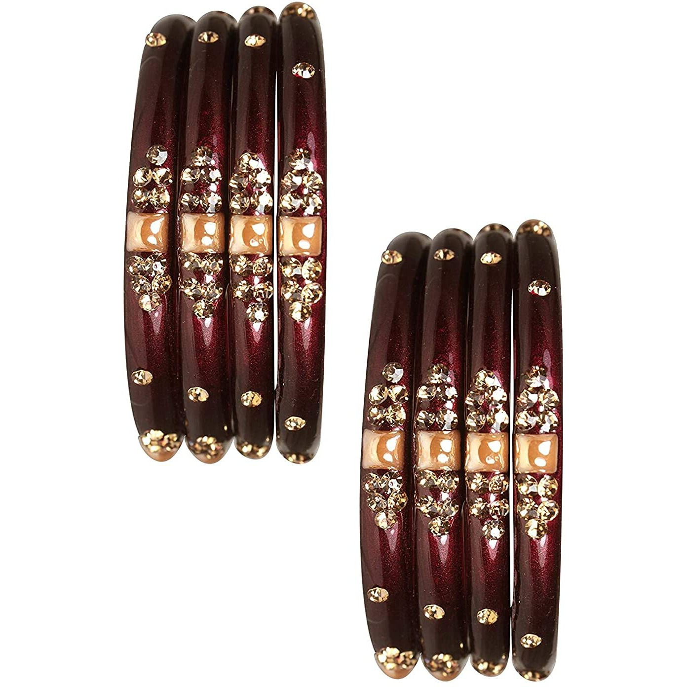 NMII Glass with Zircon Gemstone Or Beads Studded worked Glossy Finished Kada Set For Women and Girls, (Maroon_2.8 Inches), Pack Of 8 Kada Set