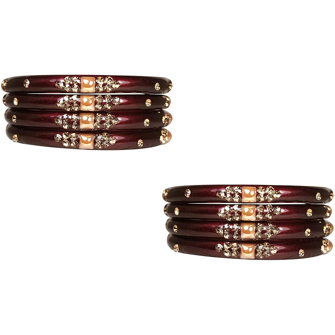 NMII Glass with Zircon Gemstone Or Beads Studded worked Glossy Finished Kada Set For Women and Girls, (Maroon_2.8 Inches), Pack Of 8 Kada Set