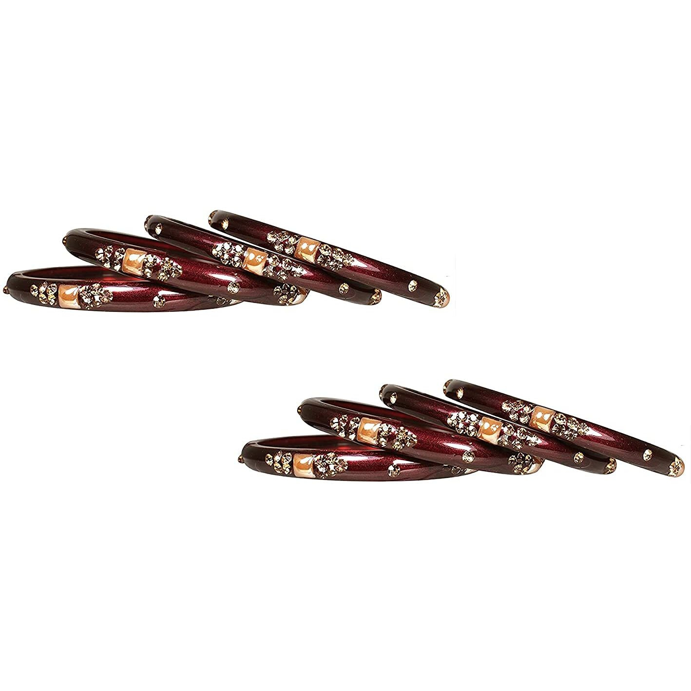 NMII Glass with Zircon Gemstone Or Beads Studded worked Glossy Finished Kada Set For Women and Girls, (Maroon_2.8 Inches), Pack Of 8 Kada Set