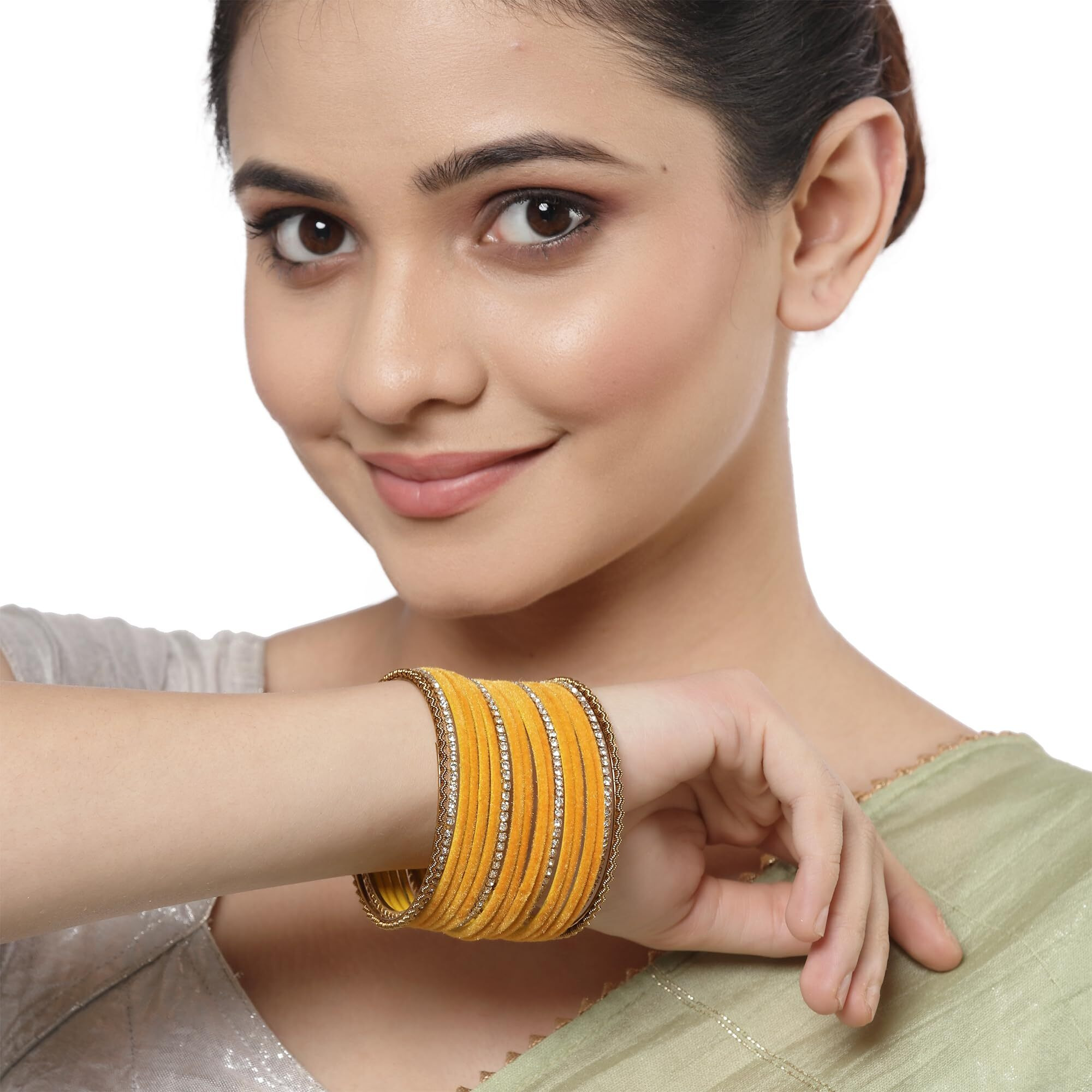 ZENEME Gold-Plated Matte Finish Velvet White American Diamonds Studded Bangles Set Of 36 For Girls and Women (2.6) (Yellow, 2.6)
