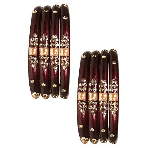 NMII Glass with Zircon Gemstone Or Beads Studded worked Glossy Finished Kada Set For Women and Girls, (Maroon_2.4 Inches), Pack Of 8 Kada Set