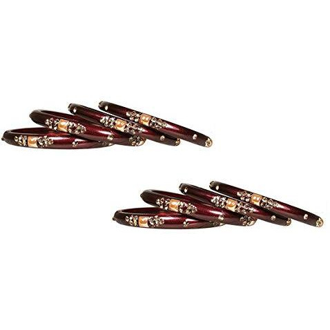 NMII Glass with Zircon Gemstone Or Beads Studded worked Glossy Finished Kada Set For Women and Girls, (Maroon_2.4 Inches), Pack Of 8 Kada Set