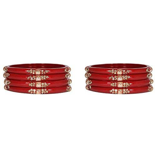 NMII Glass with Zircon Gemstone Or Beads Studded worked Glossy Finished Kada Set For Women and Girls, (Red_2.4 Inches), Pack Of 8 Kada Set