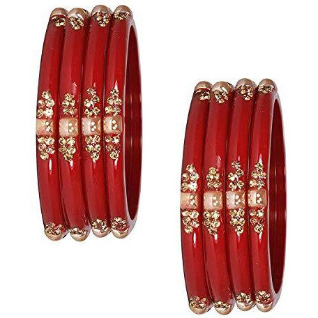NMII Glass with Zircon Gemstone Or Beads Studded worked Glossy Finished Kada Set For Women and Girls, (Red_2.8 Inches), Pack Of 8 Kada Set
