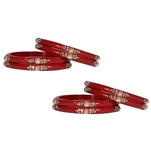 NMII Glass with Zircon Gemstone Or Beads Studded worked Glossy Finished Kada Set For Women and Girls, (Red_2.8 Inches), Pack Of 8 Kada Set