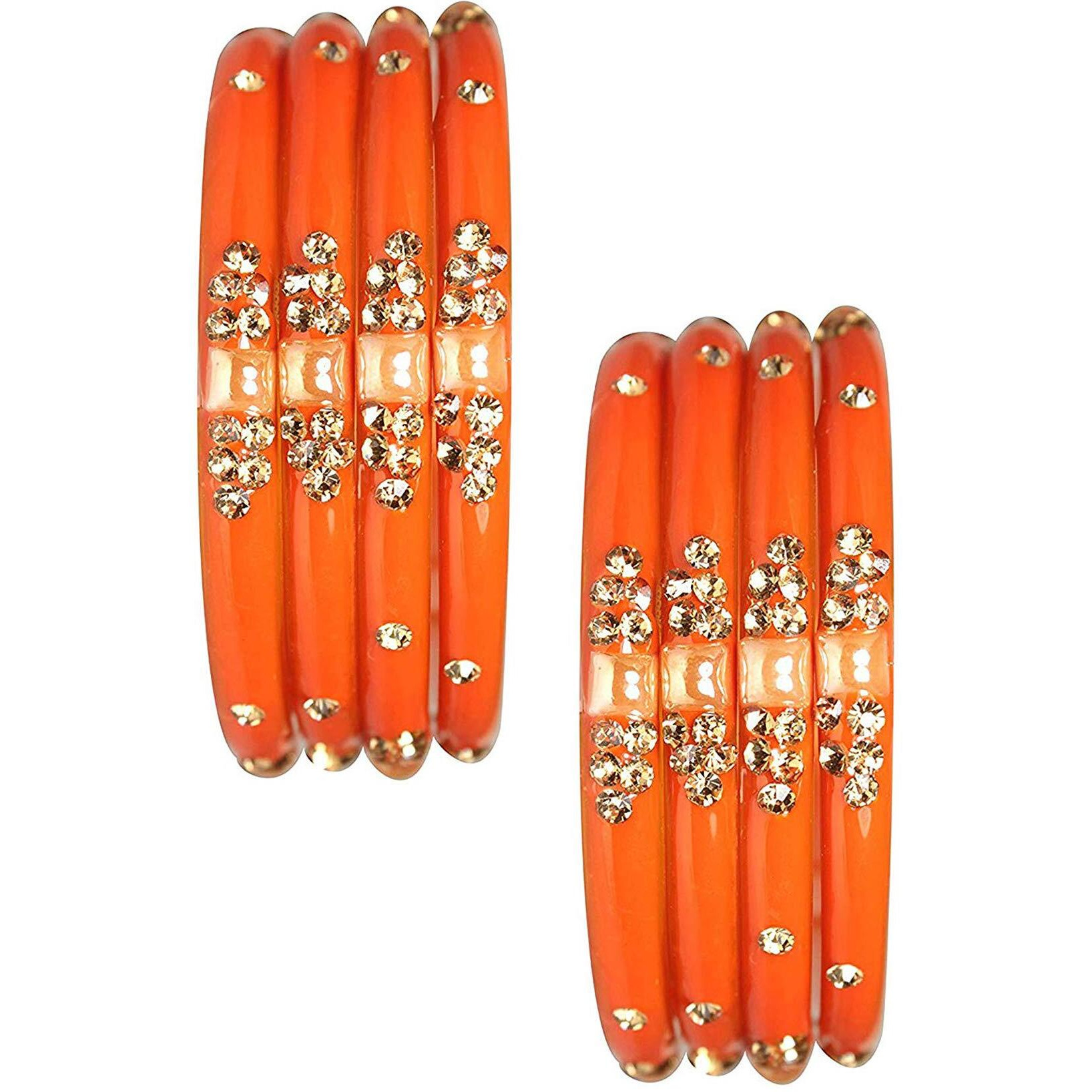 NMII Glass with Zircon Gemstone Or Beads Studded worked Glossy Finished Kada Set For Women and Girls, (Orange_2.4 Inches), Pack Of 8 Kada Set