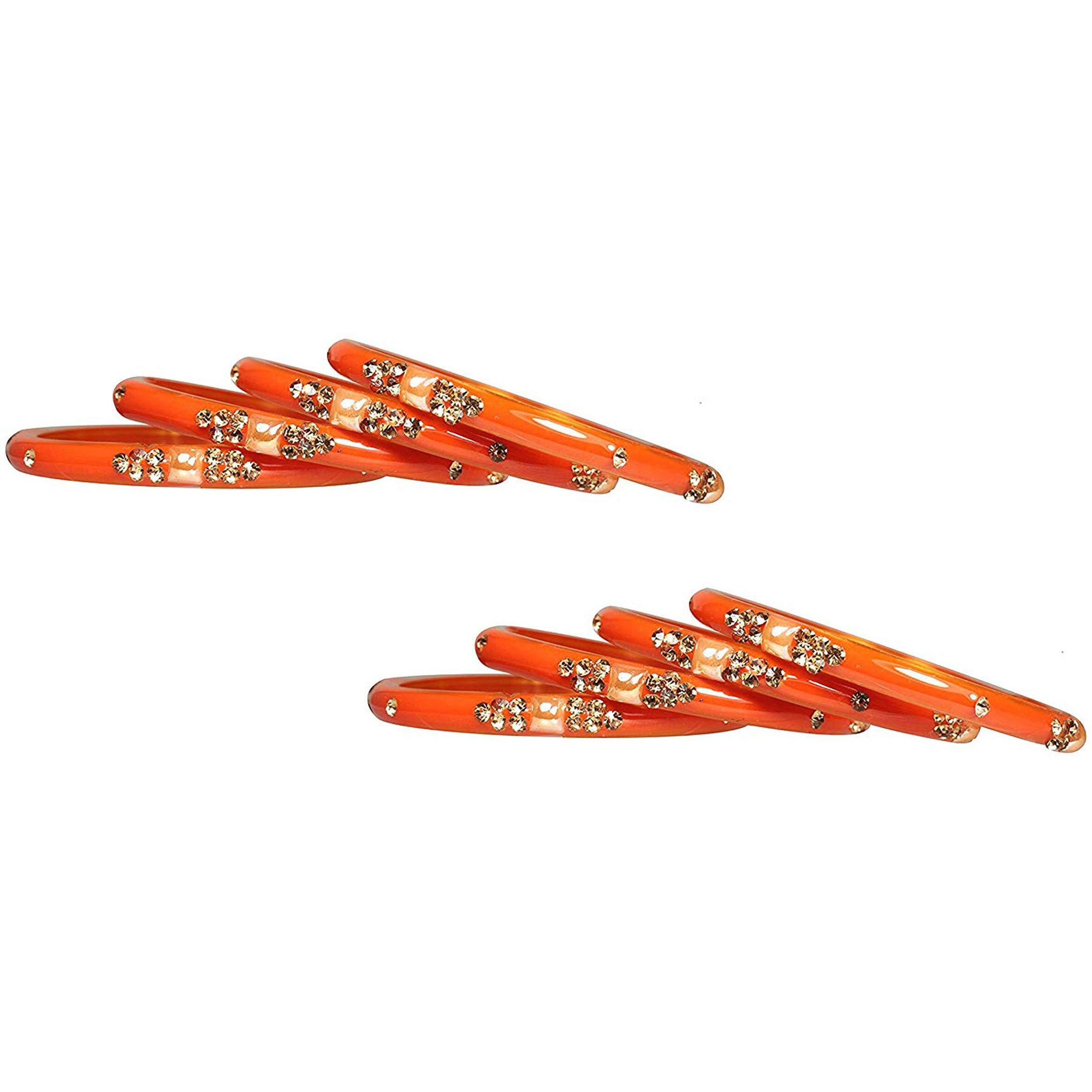 NMII Glass with Zircon Gemstone Or Beads Studded worked Glossy Finished Kada Set For Women and Girls, (Orange_2.4 Inches), Pack Of 8 Kada Set