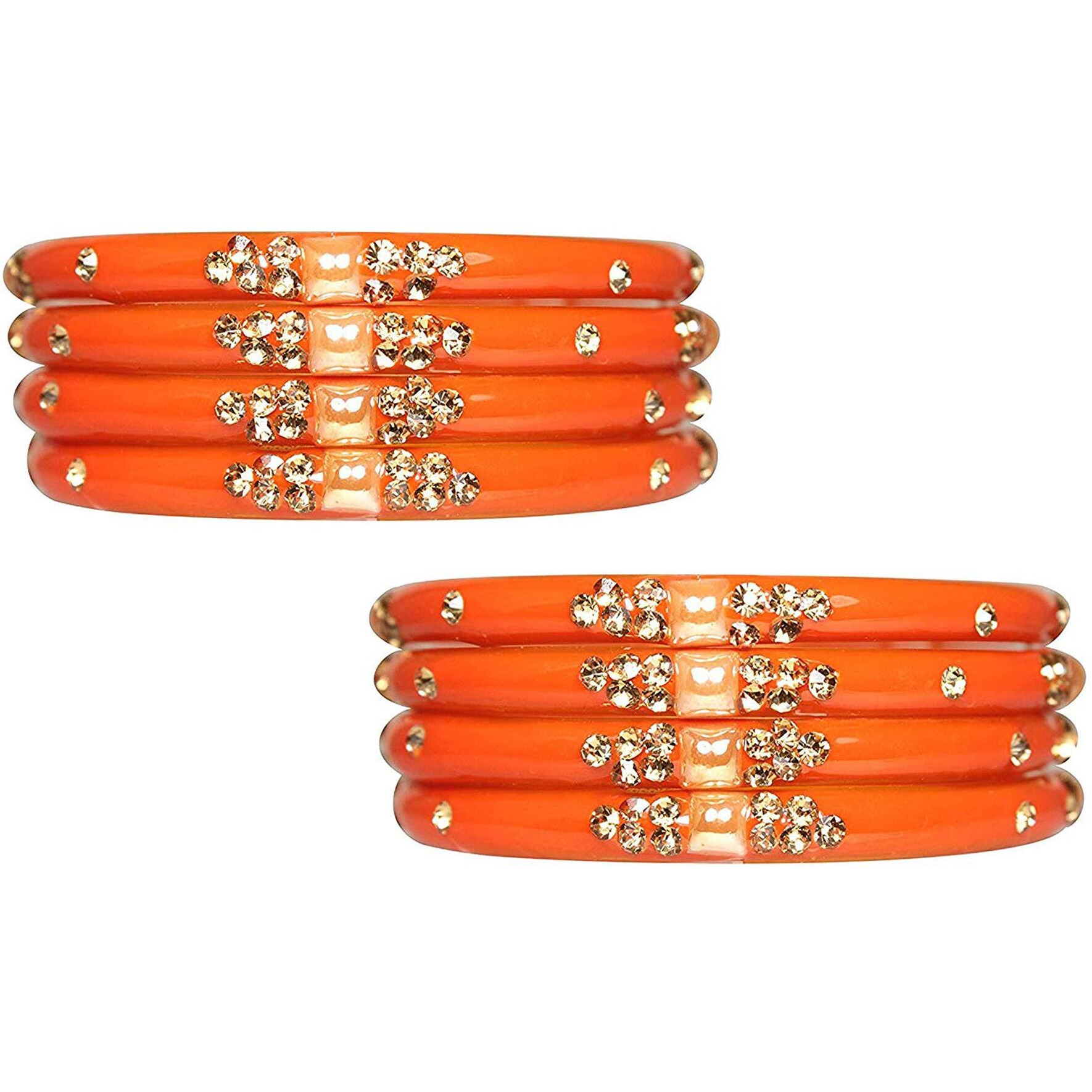 NMII Glass with Zircon Gemstone Or Beads Studded worked Glossy Finished Kada Set For Women and Girls, (Orange_2.4 Inches), Pack Of 8 Kada Set