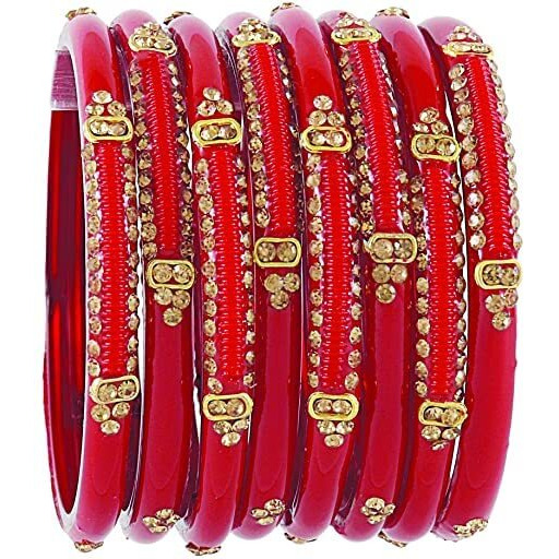 NMII Glass with Zircon Gemstone Studded worked Glossy Finished Kada Set For Women and Girls, (T.Red_2.6 Inches), Pack Of 8 Kada Set