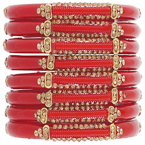 NMII Glass with Zircon Gemstone Studded worked Glossy Finished Kada Set For Women and Girls, (T.Red_2.6 Inches), Pack Of 8 Kada Set