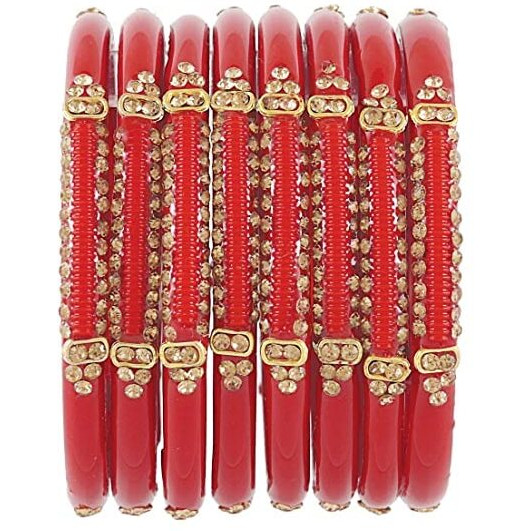 NMII Glass with Zircon Gemstone Studded worked Glossy Finished Kada Set For Women and Girls, (T.Red_2.6 Inches), Pack Of 8 Kada Set