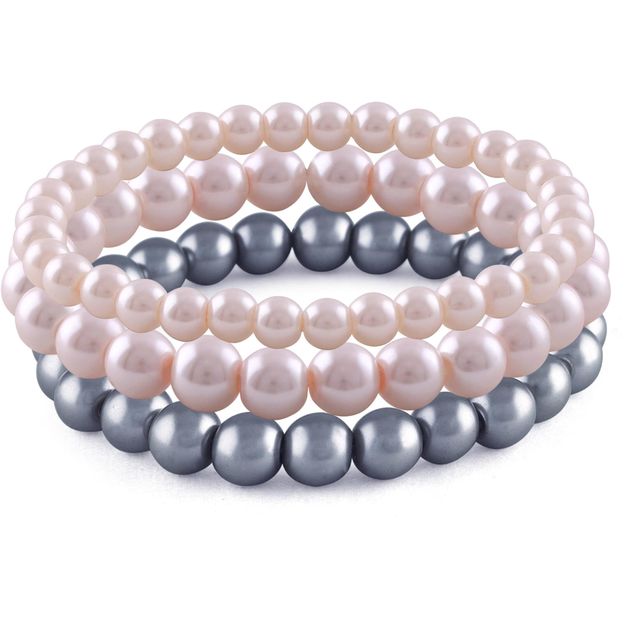 JFL - Jewellery for Less Combo of 8mm Faux Pearl 3 Stretchable Bracelets Handcrafted for Women and Girls (Combo of 3)(Baby Pink,Light Grey,Light Pink),Valentine