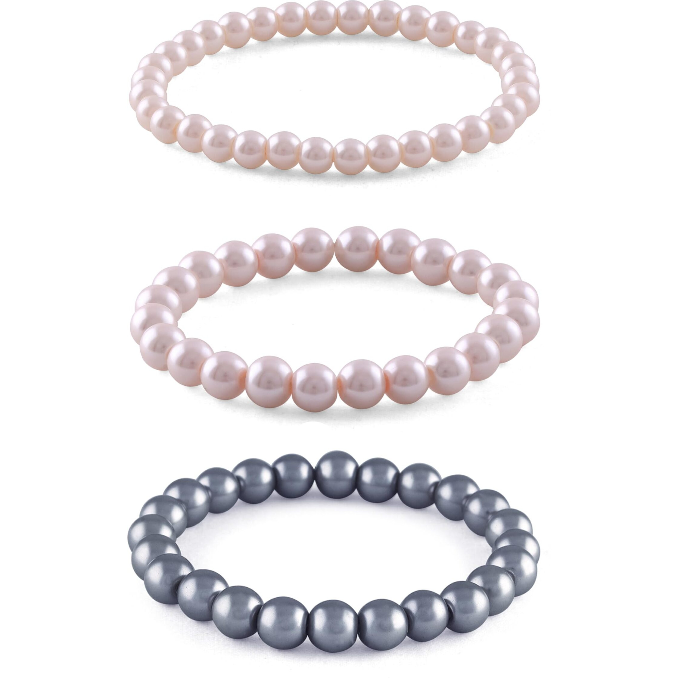 JFL - Jewellery for Less Combo of 8mm Faux Pearl 3 Stretchable Bracelets Handcrafted for Women and Girls (Combo of 3)(Baby Pink,Light Grey,Light Pink),Valentine