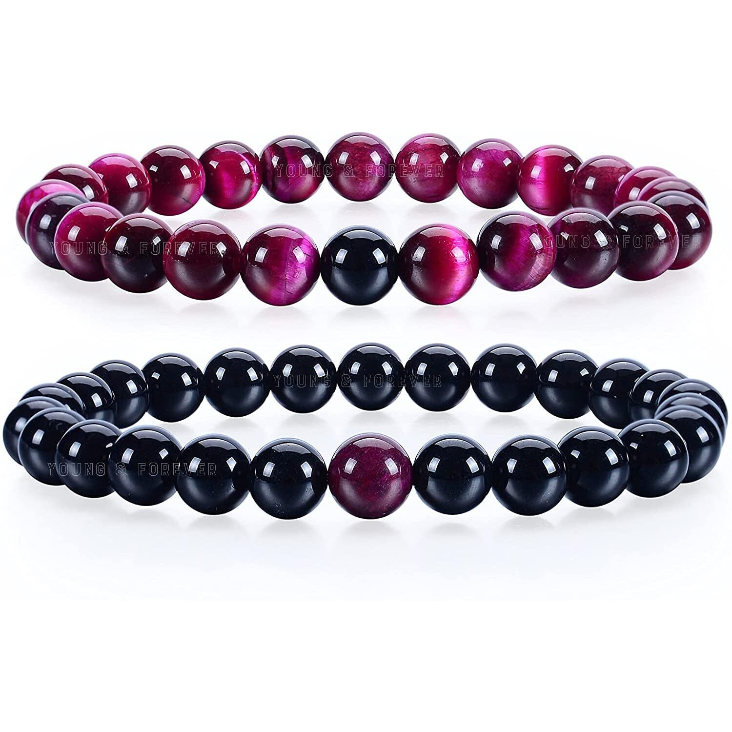 Young & Forever Gift Mens Beaded Bracelets Onyx Stone Beads for Women Anxiety Long Distance Relationships Pink Tiger Eye Couples Bracelets Set of 2 Couples Gift