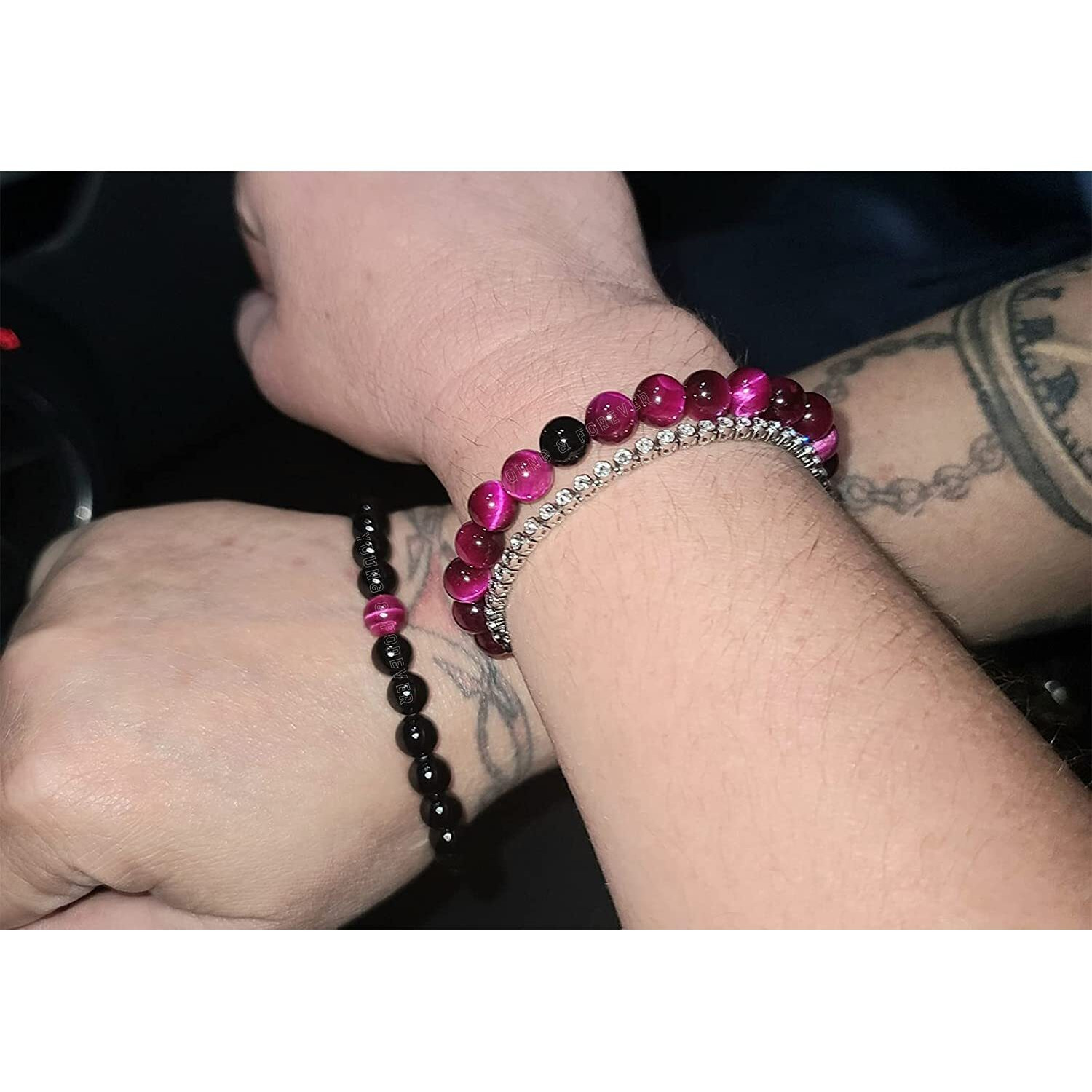 Young & Forever Gift Mens Beaded Bracelets Onyx Stone Beads for Women Anxiety Long Distance Relationships Pink Tiger Eye Couples Bracelets Set of 2 Couples Gift