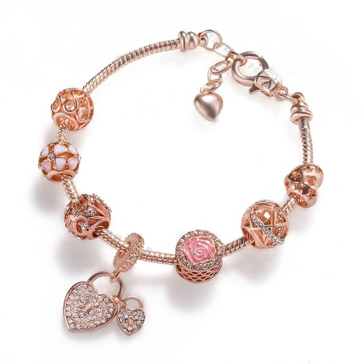 Young & Forever Gift Charismatic Charms Bracelets for Women Fashion Rose Gold Plated Love Heart Cubic Zirconia Lock My Love Charm Bracelet for Girls
