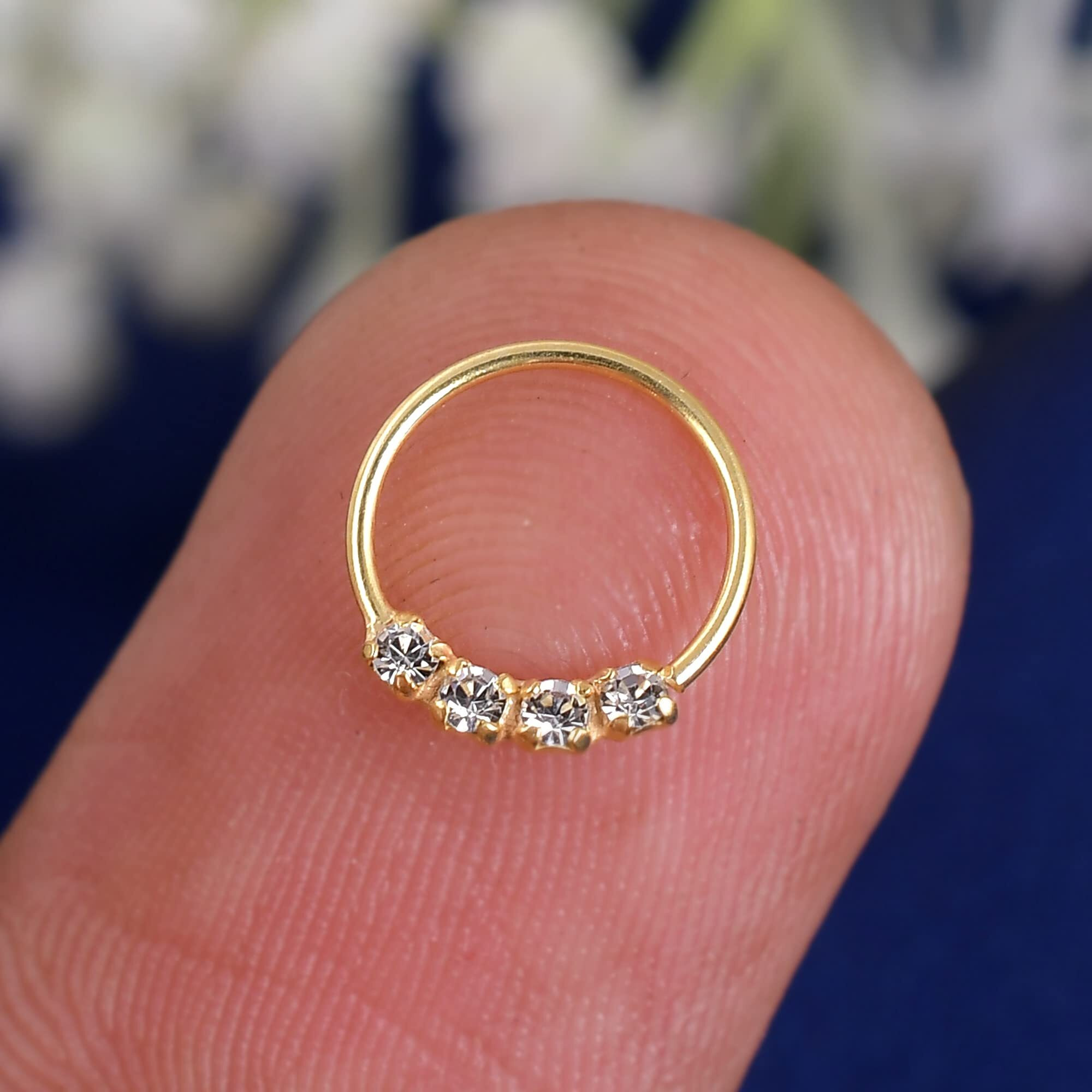 NEMICHAND JEWELS Sterling Silver 925 Four Stone Nose Pin/Nose Ring For Women (Gold Plated)