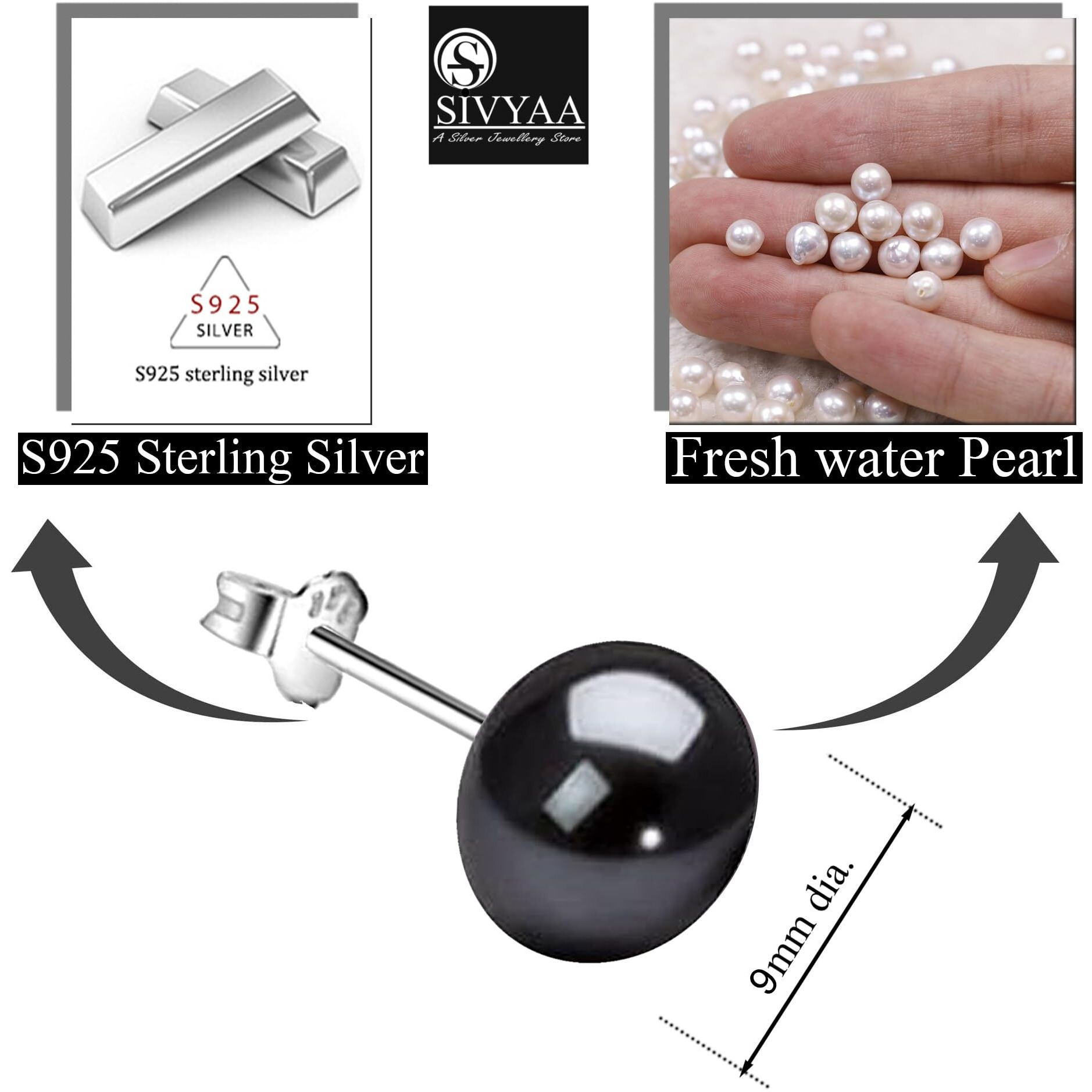 SIVYAA Fresh Water Pearl Earrings Set | Pure 925 Sterling Silver | High Lustre Black Button Shape Real Pearl Studs| Gift Item for Women & Girls | 6 Month Warranty, Size 9 mm