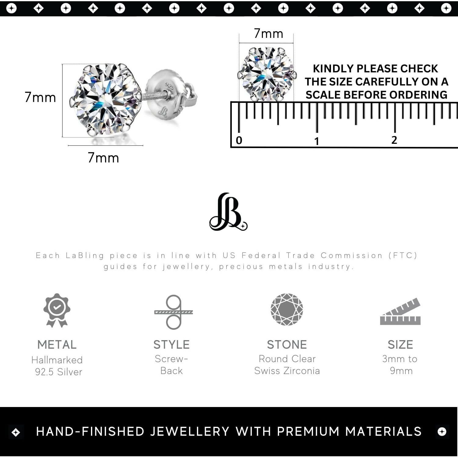 LaBling 925 Sterling Silver Screwback Stud Earrings Round Brilliant Cut Zirconia Tops for Men, Women - Silver 7mm