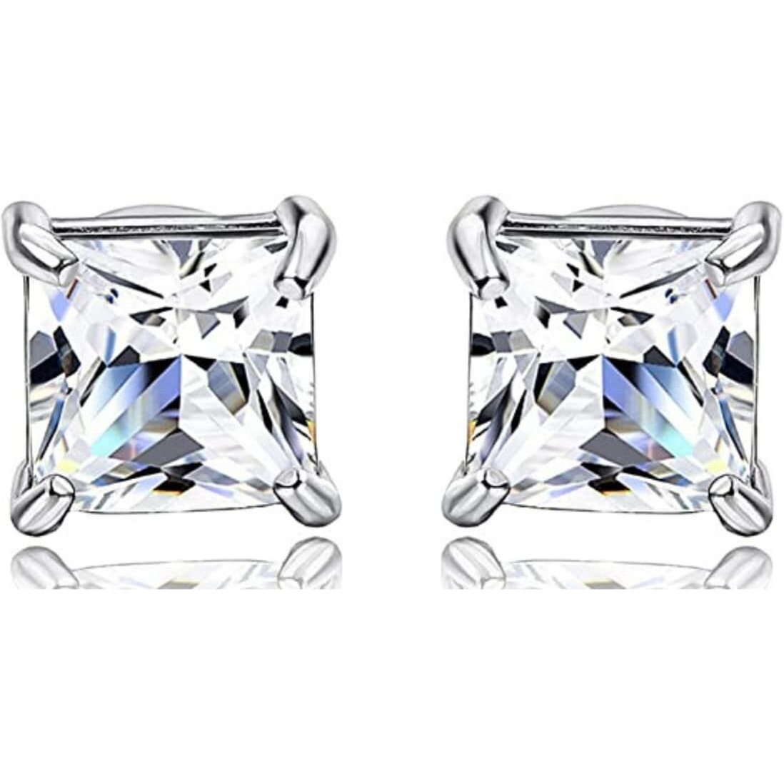 LaBling 925 Sterling Silver Square Stud Earrings Princess Cut Cubic Zirconia Tops for Men, Women, Boys and Girls - Silver 7mm