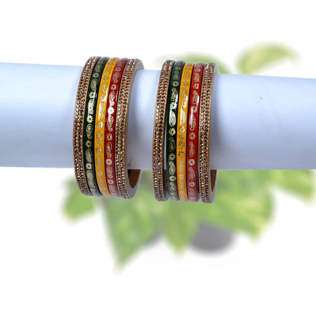 Snehlata Creations Traditional Rajasthani Beautiful Multicolor Lac Lakh Bangle Set For Women and Girls | Jaipuri Chudi Set | Red Yellow Green Golden Bangles | Set of 10
