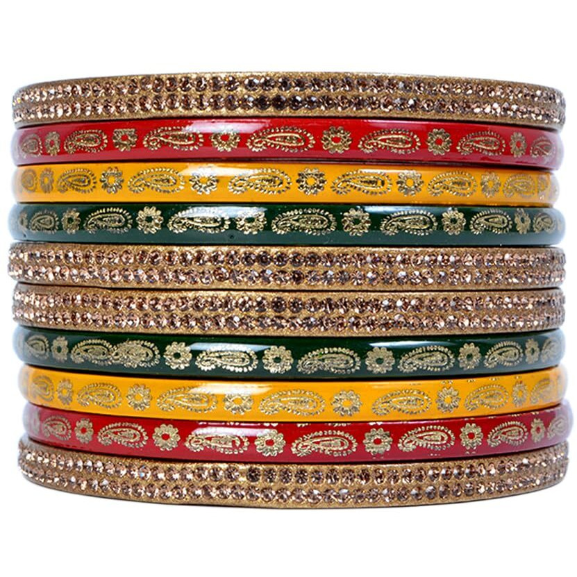 Snehlata Creations Traditional Rajasthani Beautiful Multicolor Lac Lakh Bangle Set For Women and Girls | Jaipuri Chudi Set | Red Yellow Green Golden Bangles | Set of 10