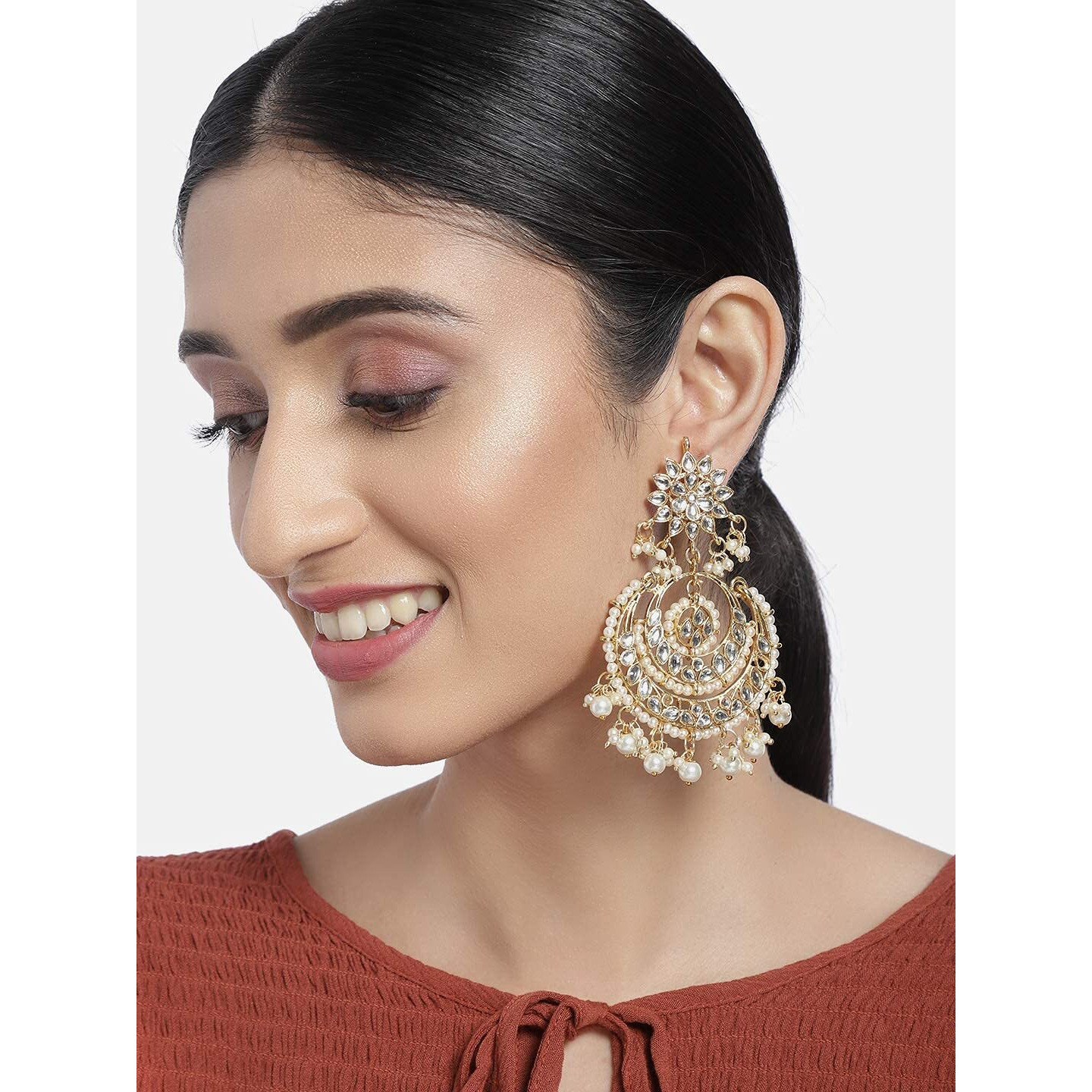 I Jewels 18K Gold Plated Traditional Handcrafted Beaded Big Chandbali Earrings For Women/Girls (E7077W)