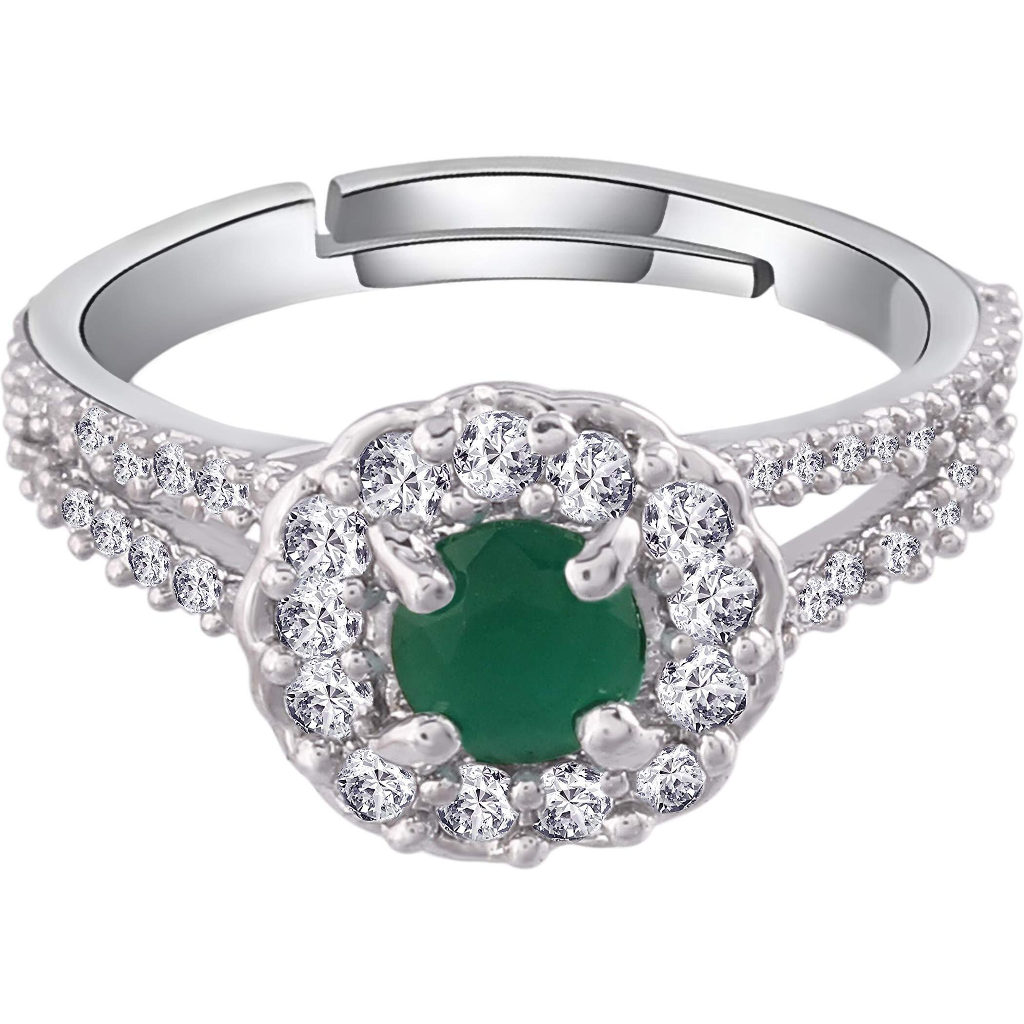 I Jewels Silver Plated Elegant Emerald Stone Studded CZ American Diamond Adjustable Finger Ring For Women (FL175G)