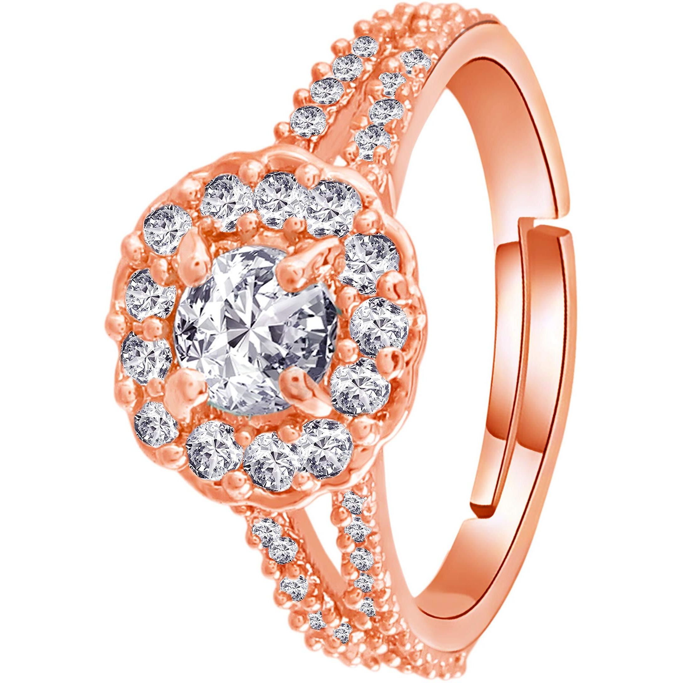 I Jewels Rose Gold Plated Elegant CZ American Diamond Sparkling Adjustable Finger Ring For Women